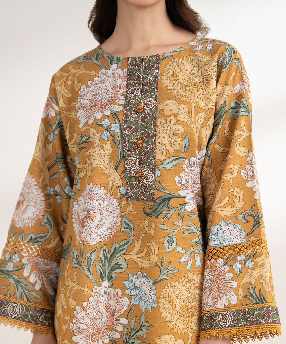 Women's RTW Khaddar Printed Boxy Mustard Shirt