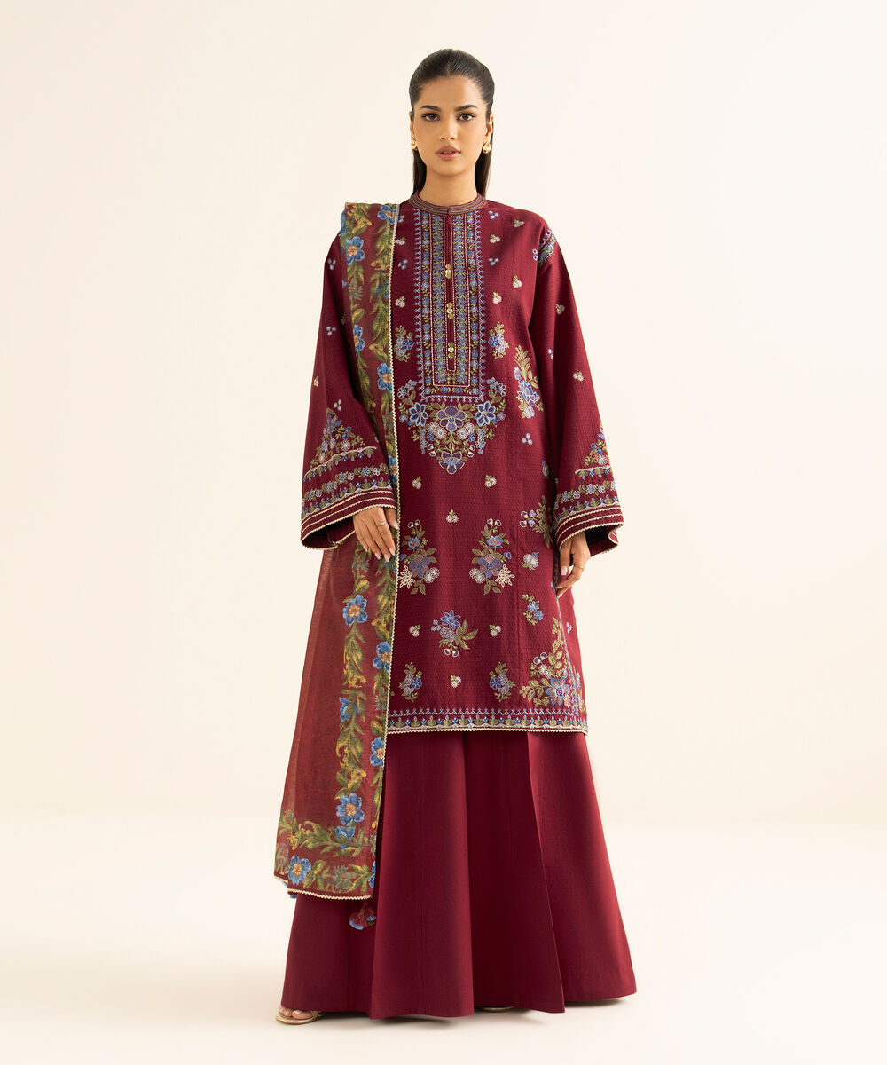 Women's Unstitched Dobby Embroidered Red 3 Piece Suit