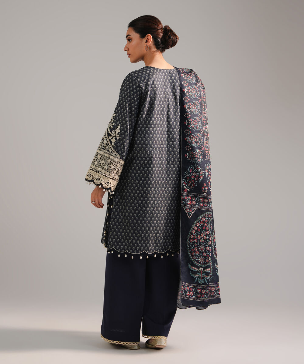 Women's RTW Zari Lawn Embroidered Dark Blue 3 Piece Suit