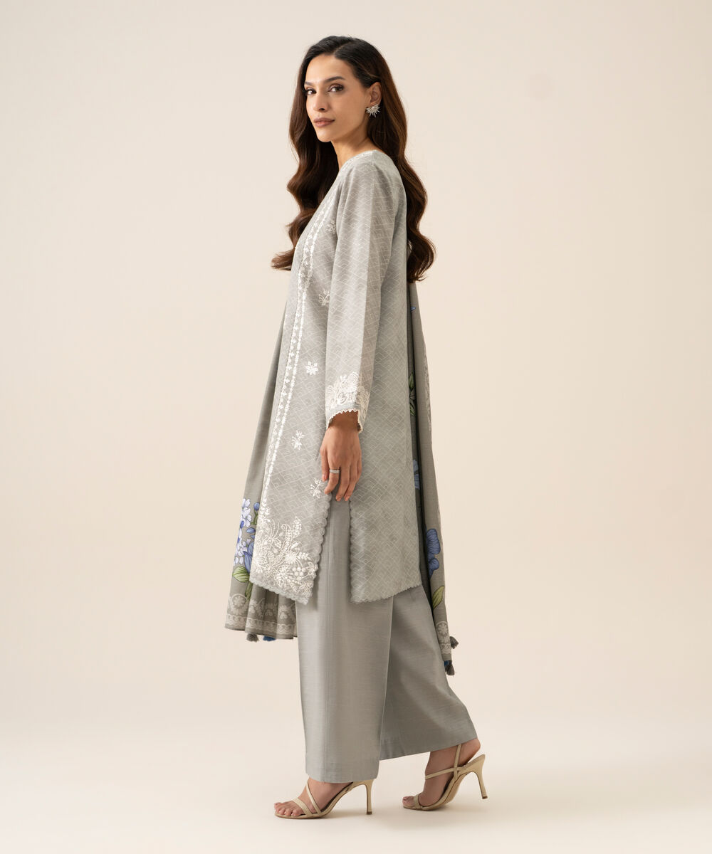 Women's Unstitched Light Khaddar Embroidered Grey 3 Piece Suit