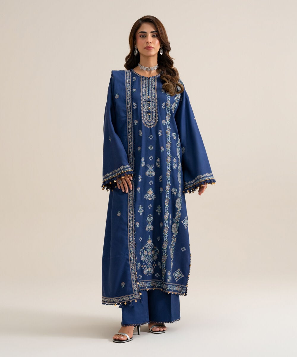 Womens Unstitched Cotton Twill Embroidered Dark Blue 3 Piece Suit