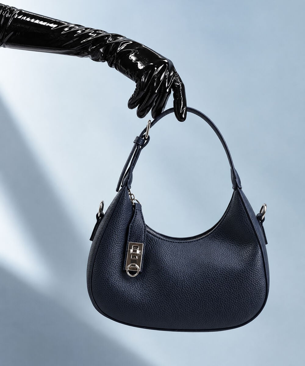 Women's Dark Blue Short Handle Bag With Zip Clouser