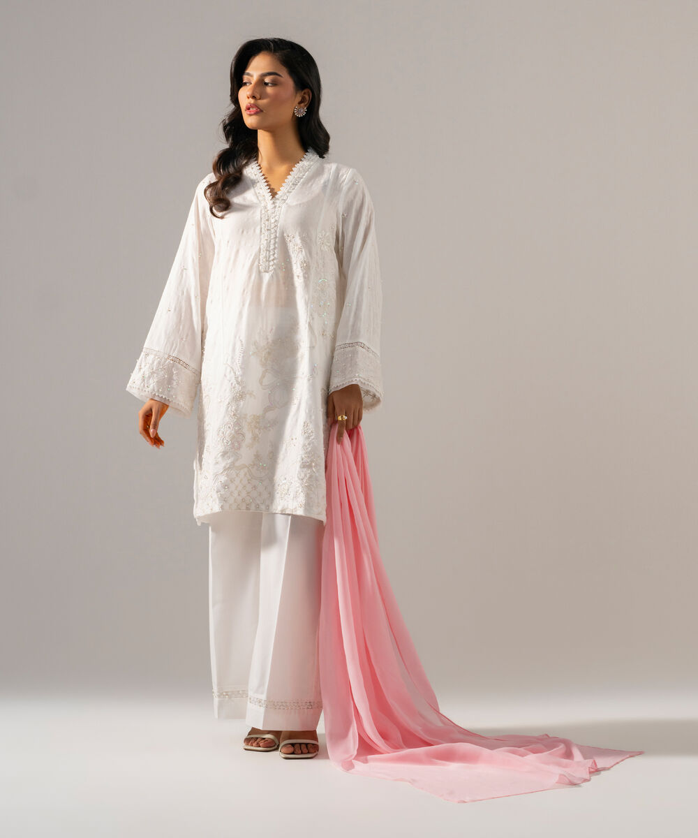 Women's RTW BEmbroidereder Georgette Chiffon Solid Pink Dupatta