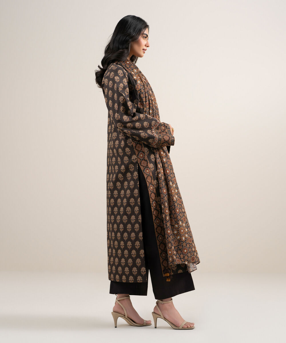 Women's Unstitched Lawn Embroidered Brown 3 Piece Suit