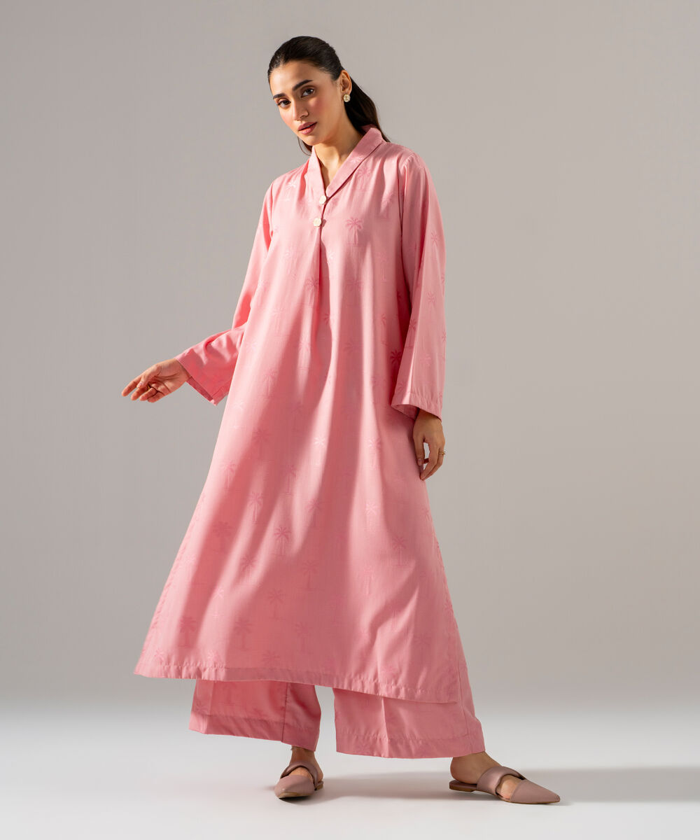 Women's RTW Poly Viscose Jacquard Solid Pink 2 Piece Suit