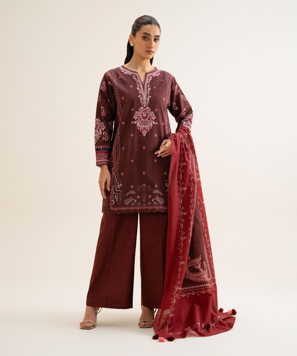 Women's Unstitched Light Khaddar Printed Deep Maroon 3 Piece Suit