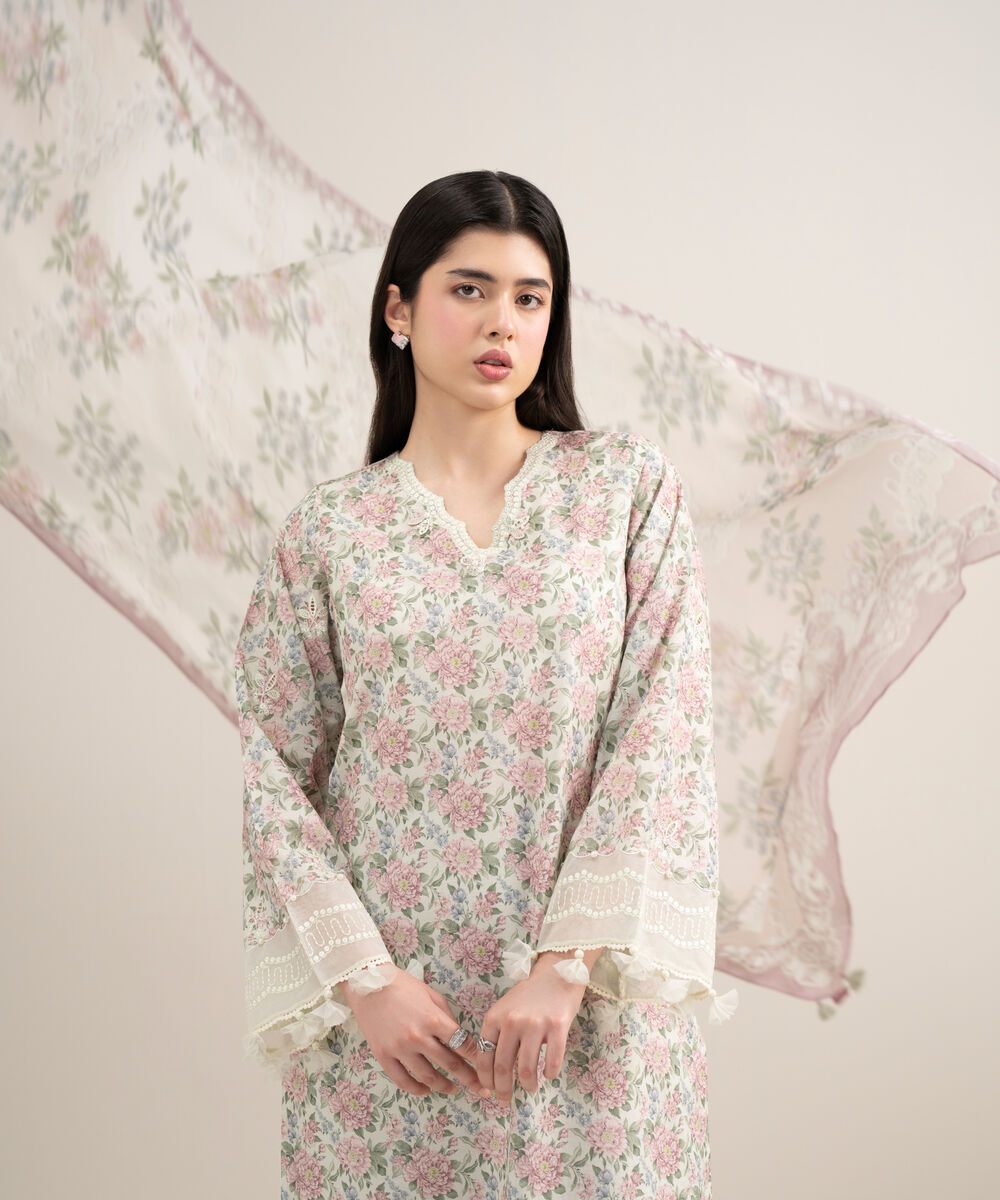 Women's Unstitched Lawn Embroidered Off White 3 Piece Suit