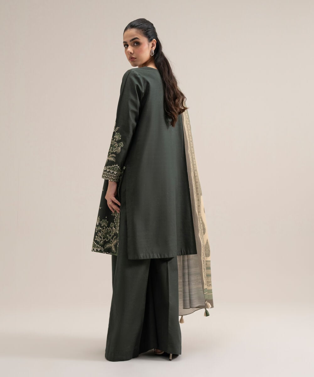 Women's Unstitched Basic Khaddar Embroidered Green 3 Piece Suit