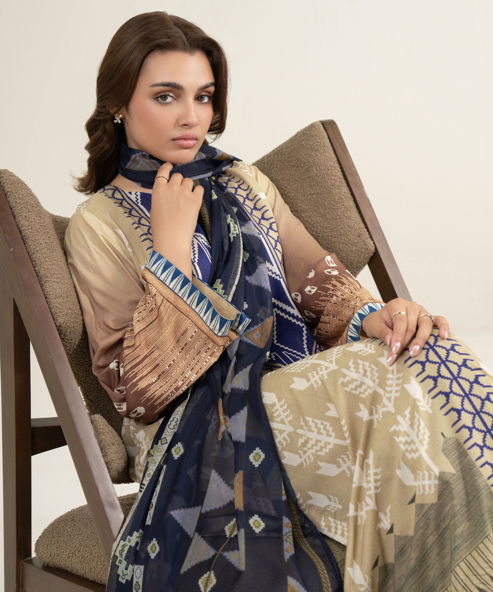 Women's RTW Viscose Raw Silk Printed Beige 3 Piece Suit