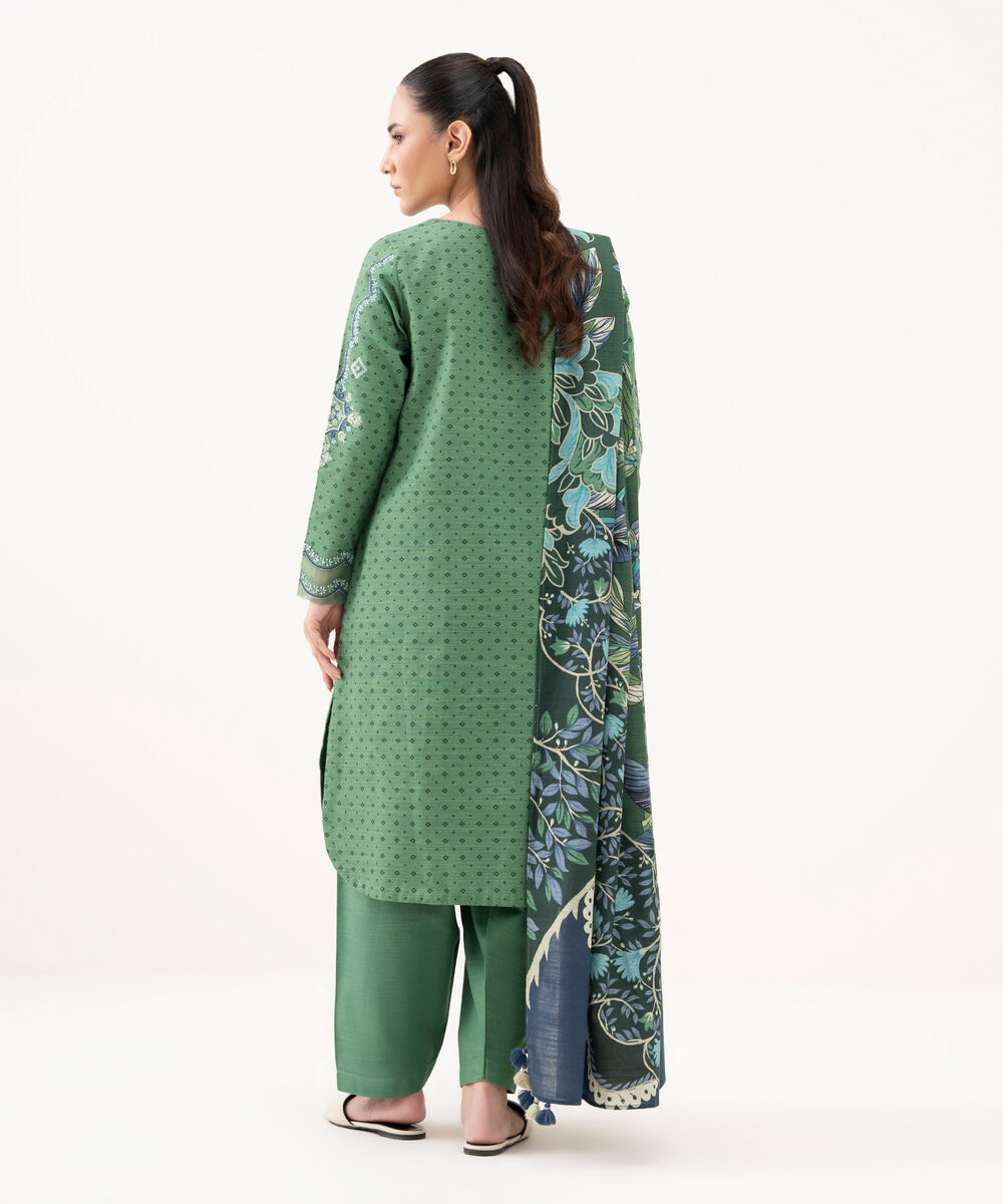 Women's Unstitched Khaddar Embroidered Green 3 Piece Suit