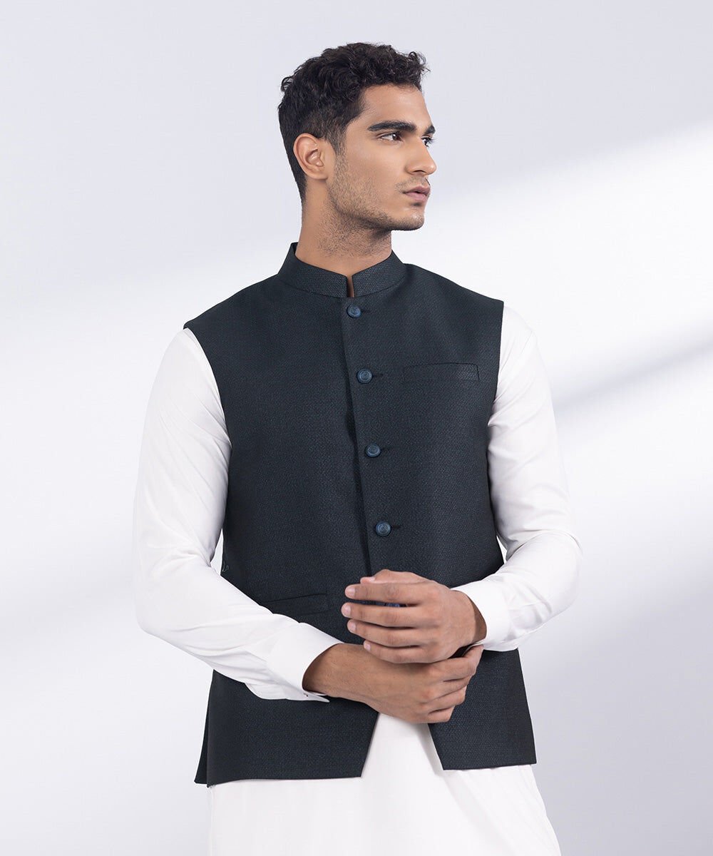 Embroidered Wash & Wear Waistcoat Men's Stitched Teal  Blended Twill Waistcoat