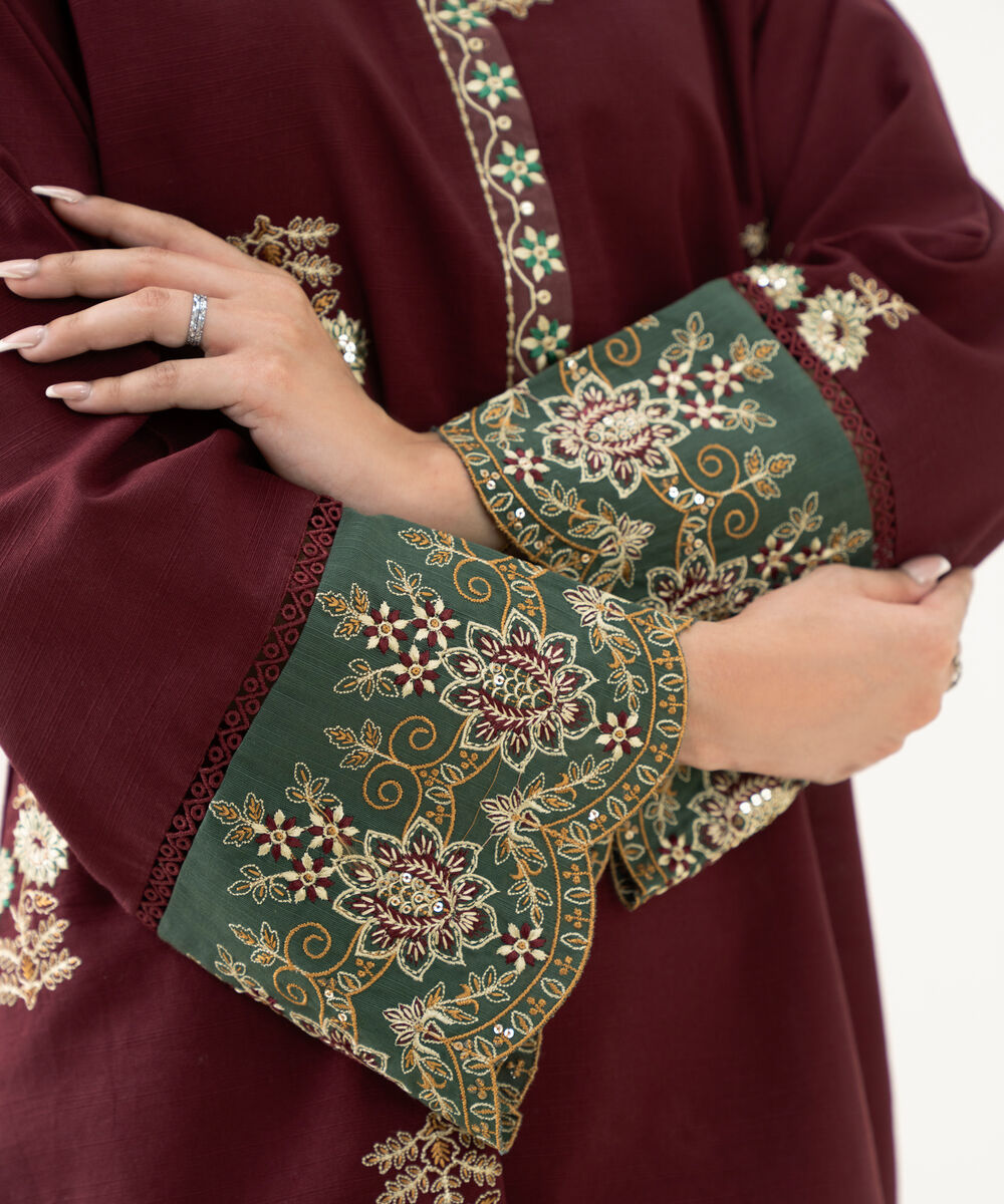 Women's RTW Cambric Red Embroidered Straight Shirt