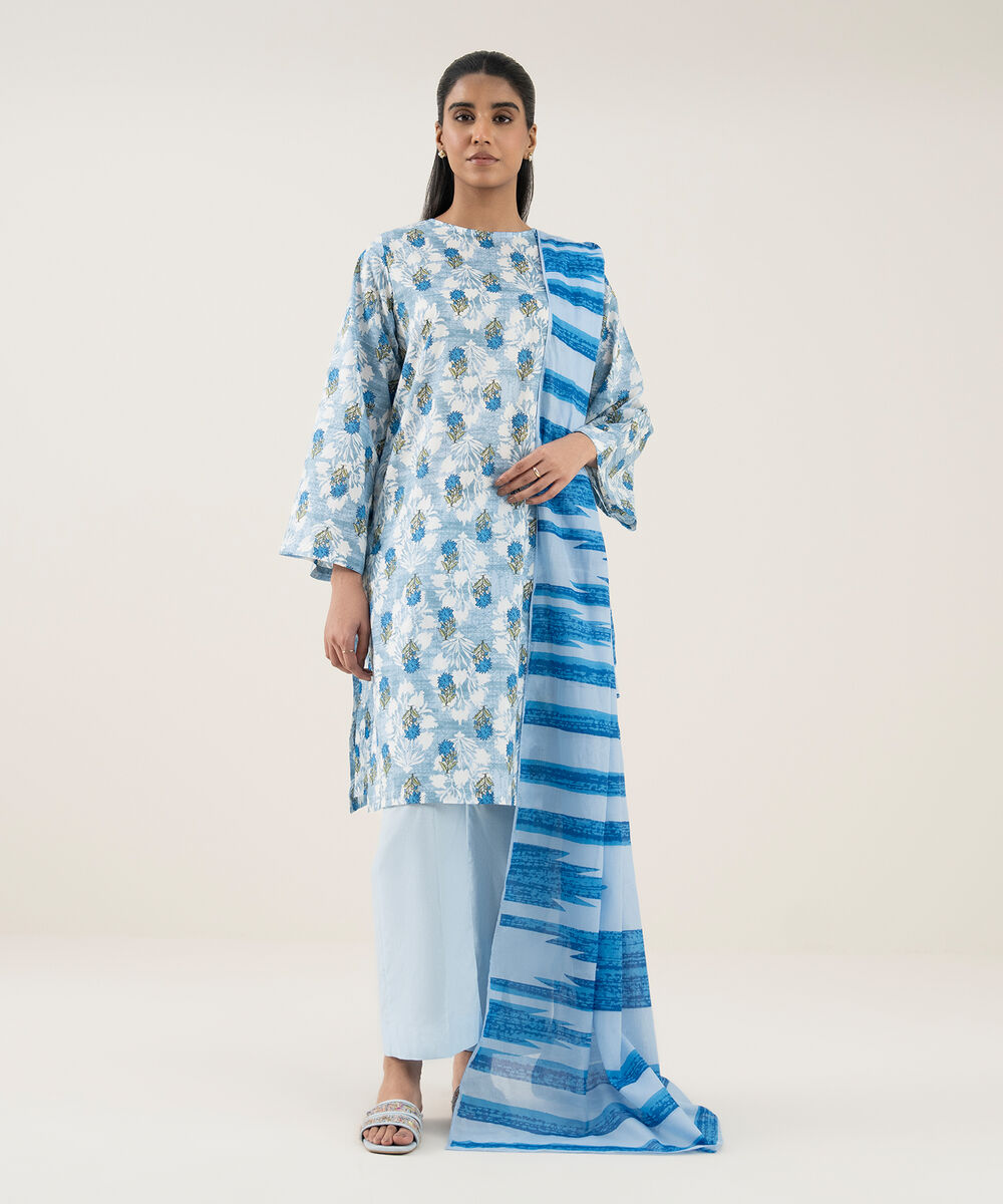Women's Unstitched Lawn Printed Blue 3 Piece Suit