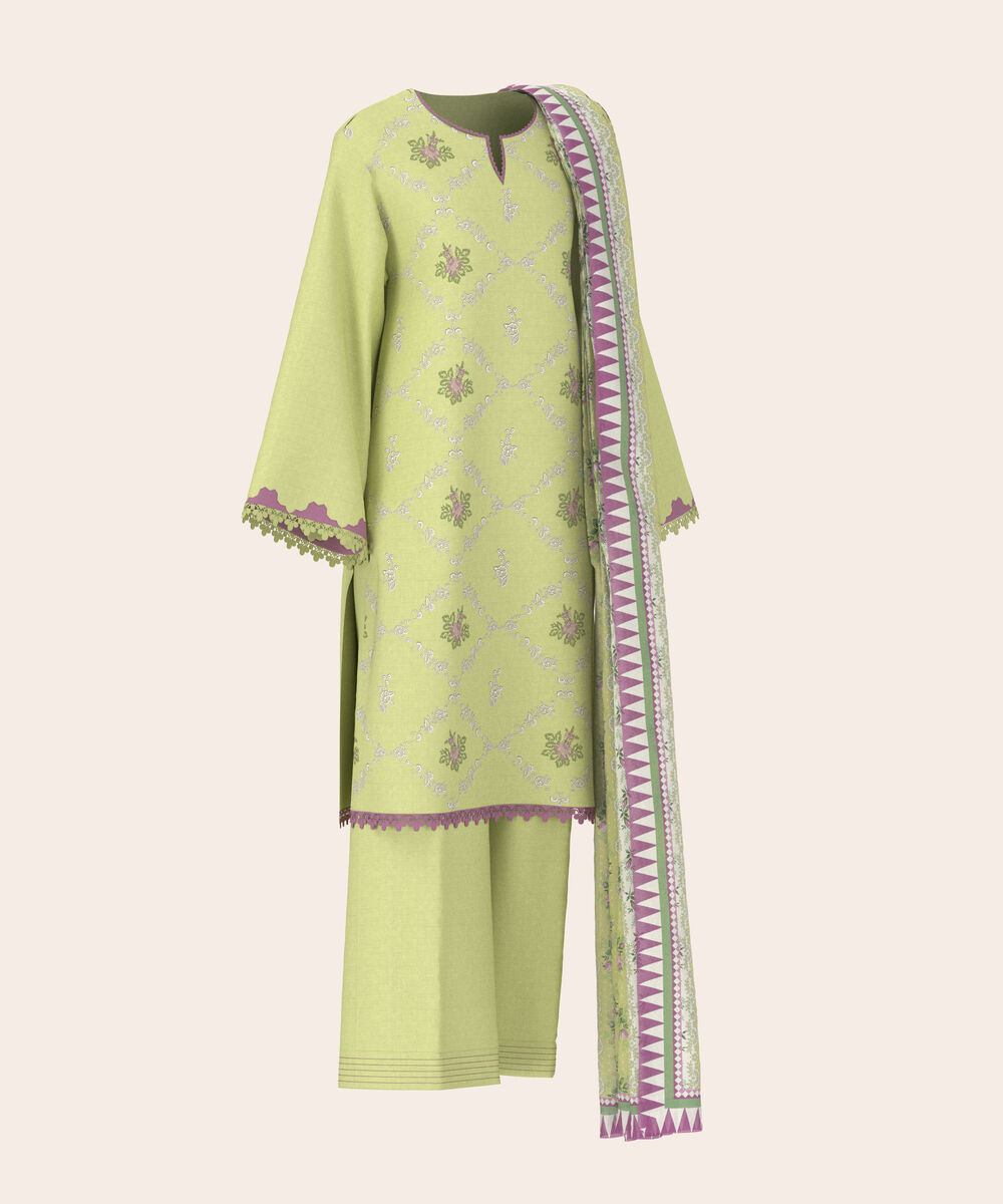 Women's Unstitched Self Jacquard Light Yellow  Embroidered 3 Piece Suit