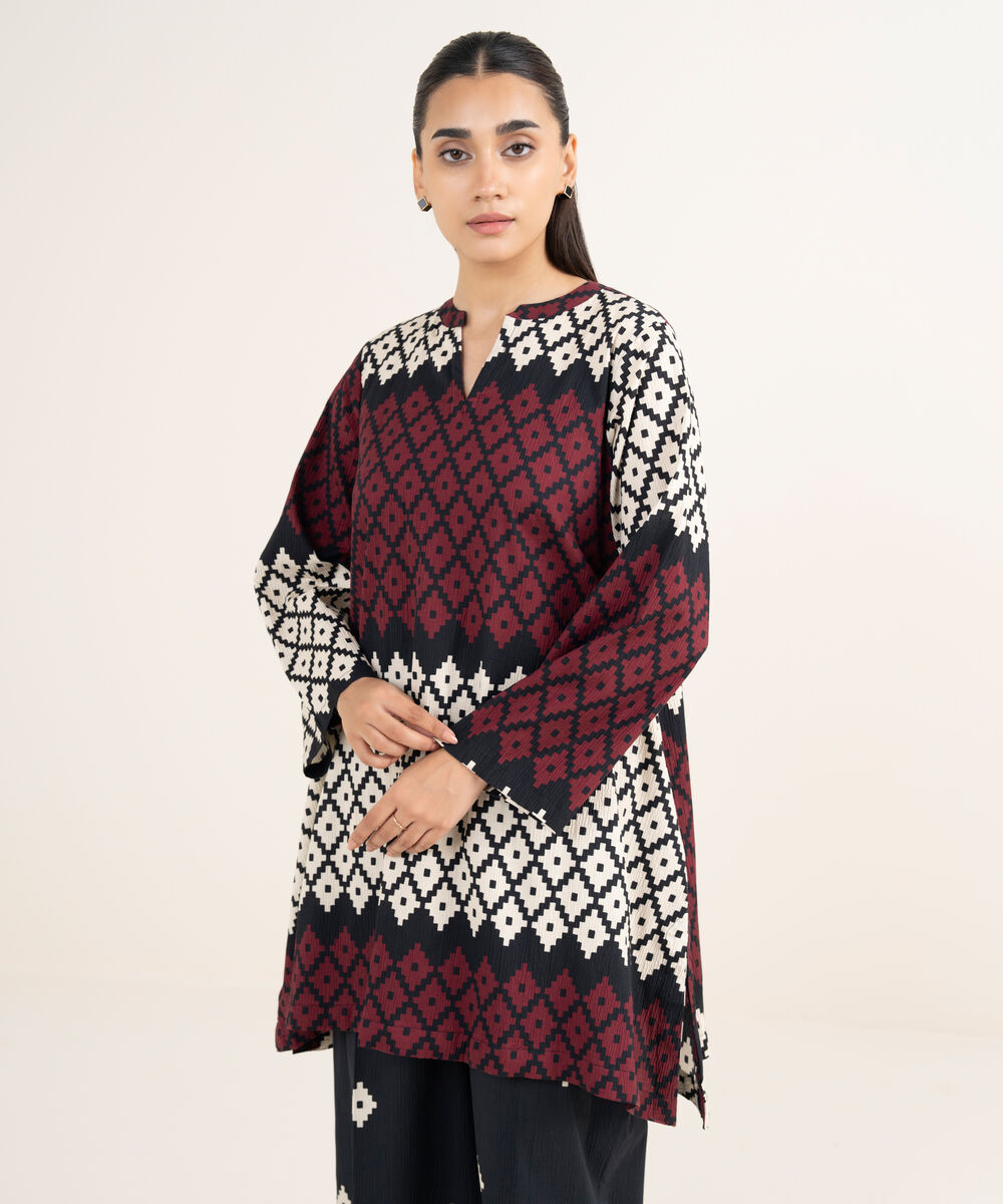 Women's RTW Seersucker Black Printed Drop Shoulder Shirt