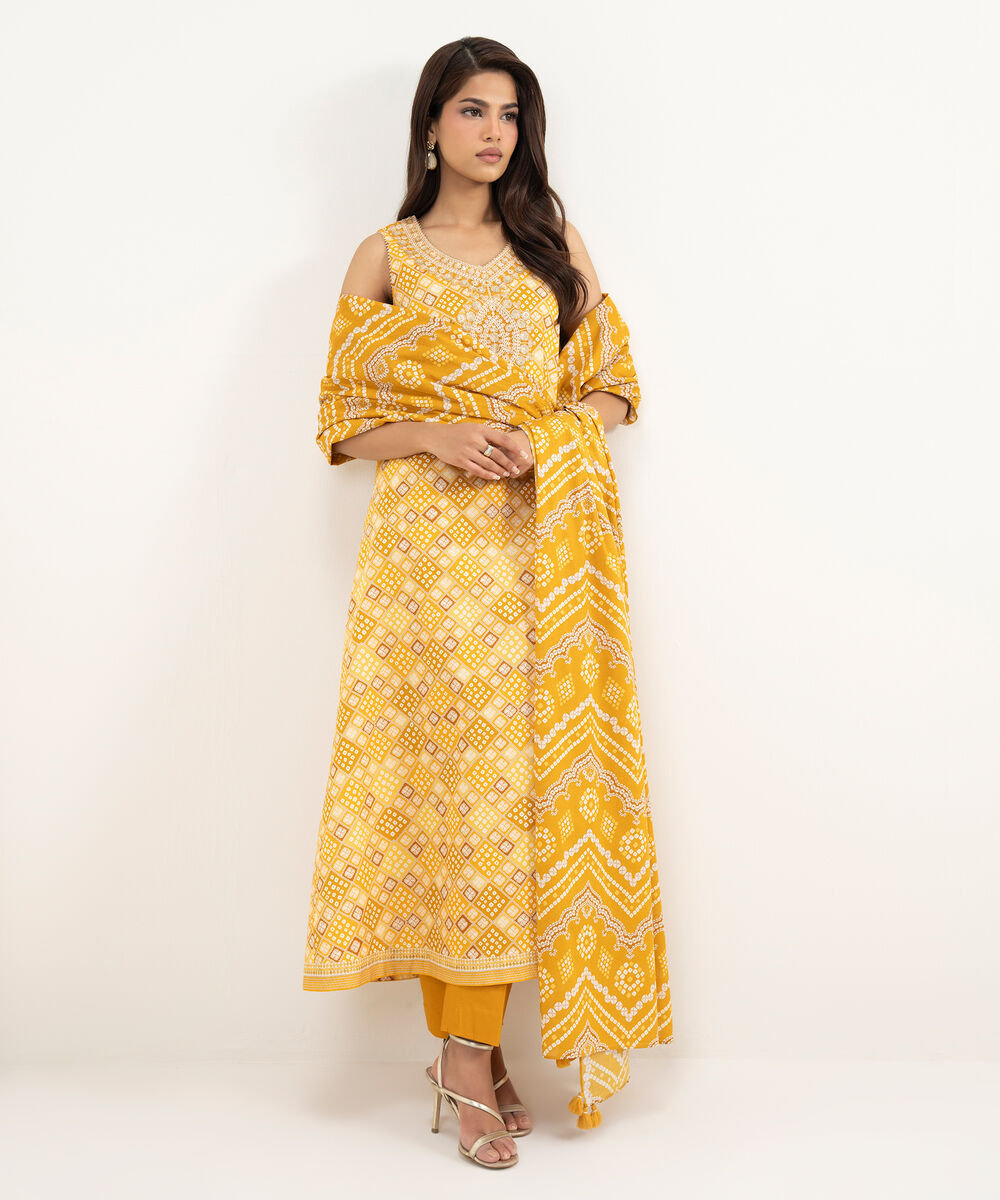 Women's Unstitched Lawn Orange Embroidered 3 Piece Suit