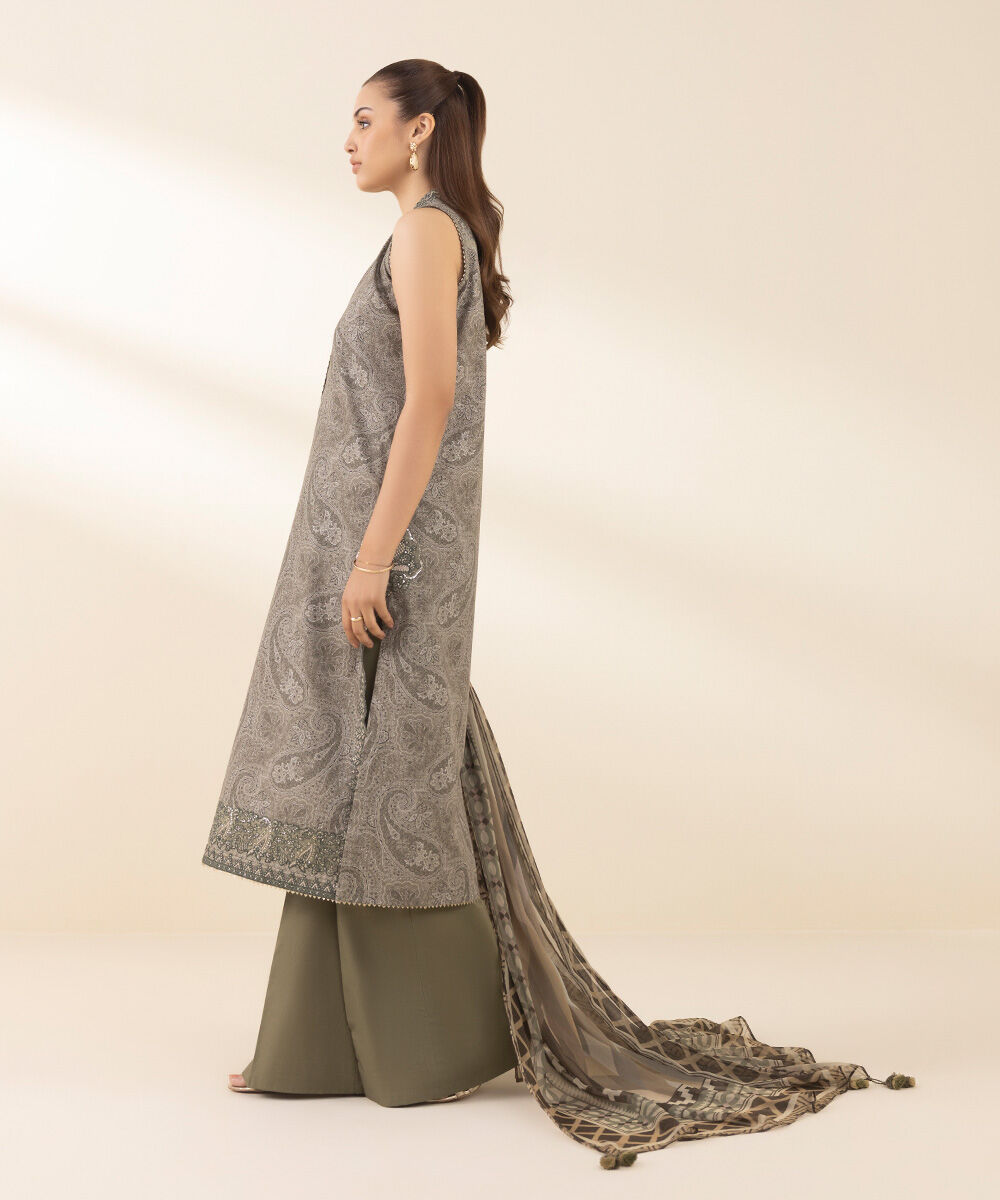 Unstitched Women's Embroidered Lawn Brown Three Piece Suit