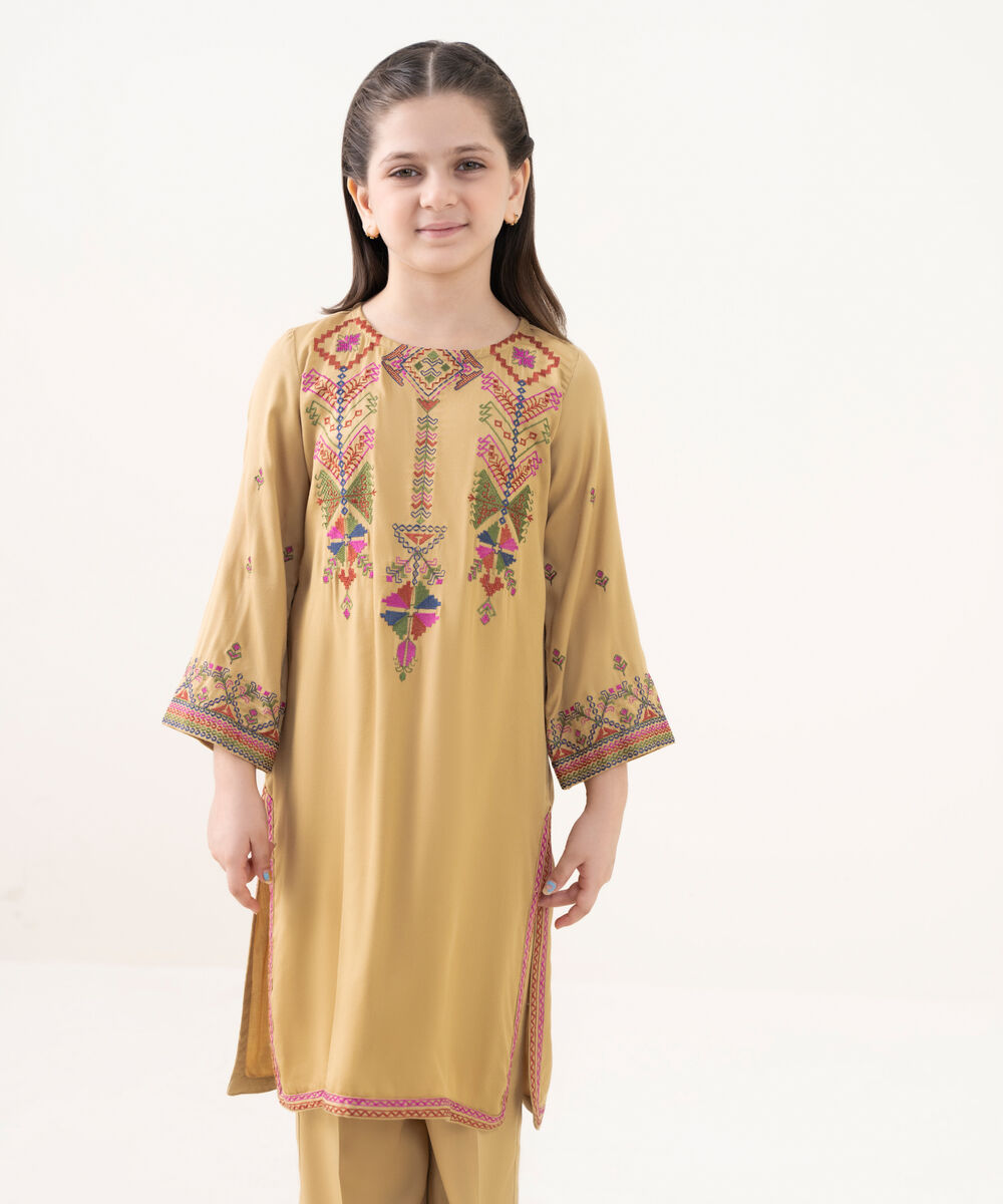 Girl's Bedford  Embroidered Beige 2 Piece Suit