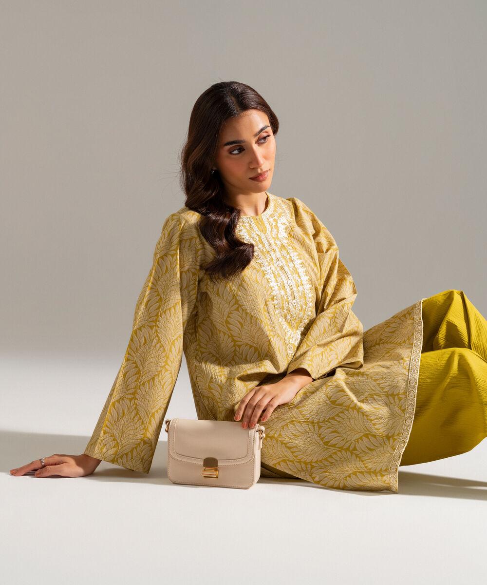 Women's RTW Seersucker Embroidered Yellow 2 Piece Suit