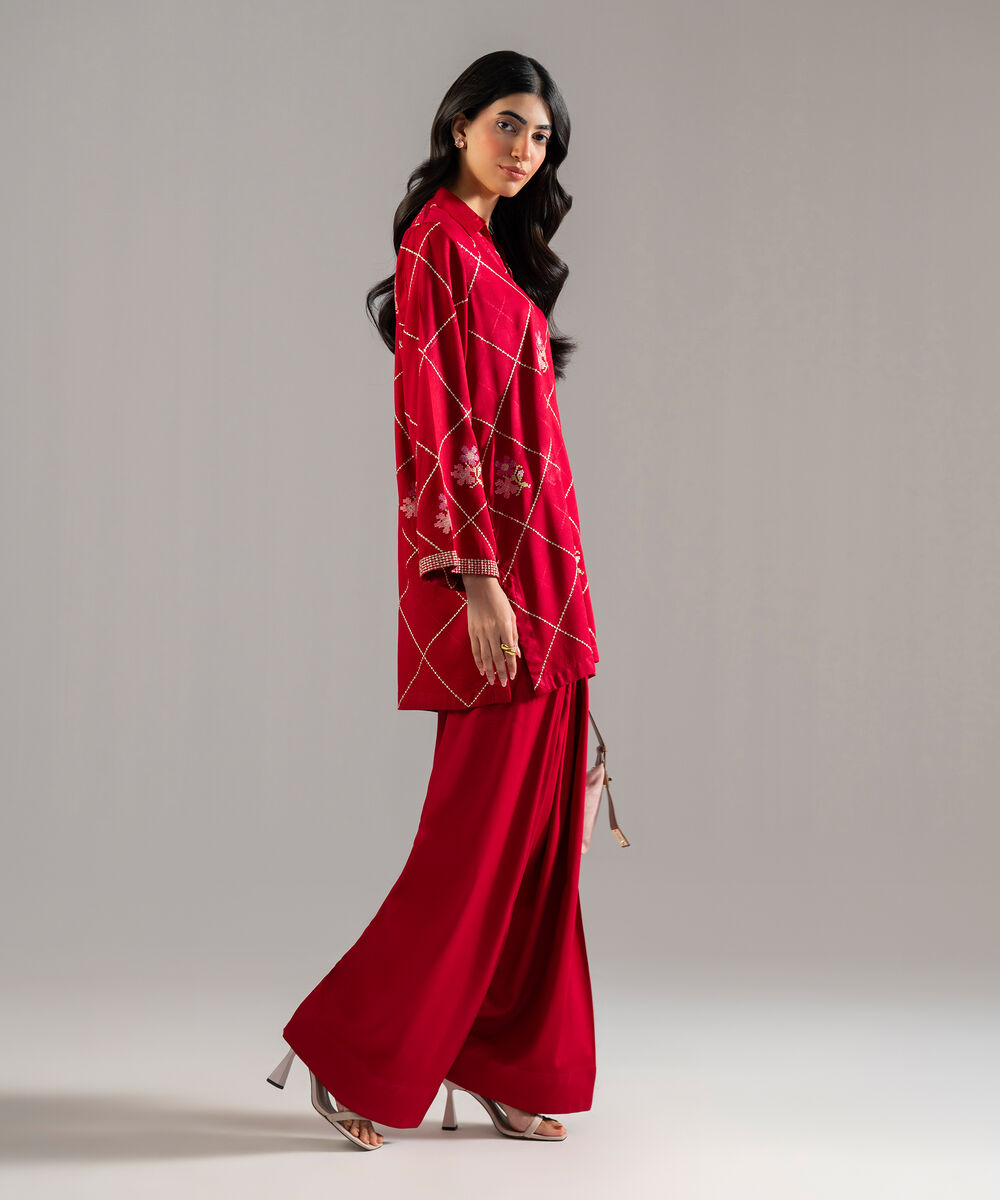 Women's RTW Bedford Solid Embroidered Red Straight Shirt