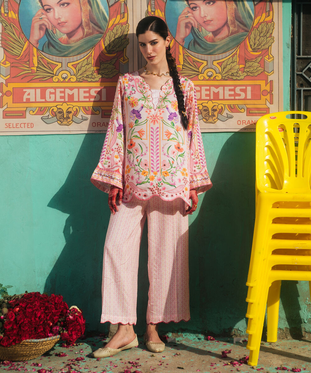 Women's RTW Blended Satin Printed Pink 2 Piece Suit