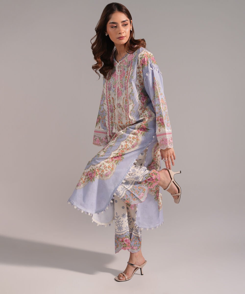 Women's RTW Lawn Embroidered Off White Straight Shirt