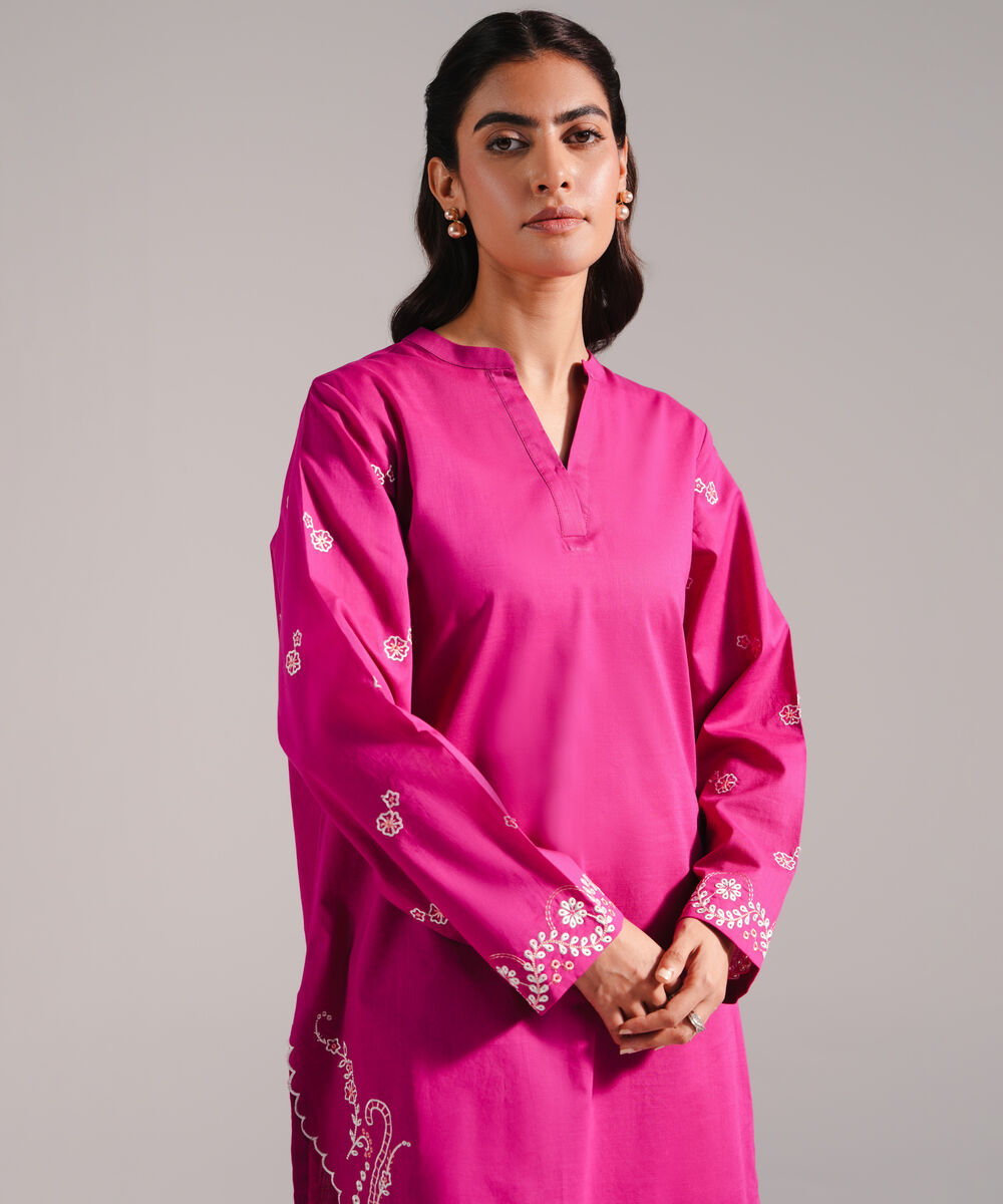 Women's RTW Crosshatch Embroidered Pink Straight Shirt