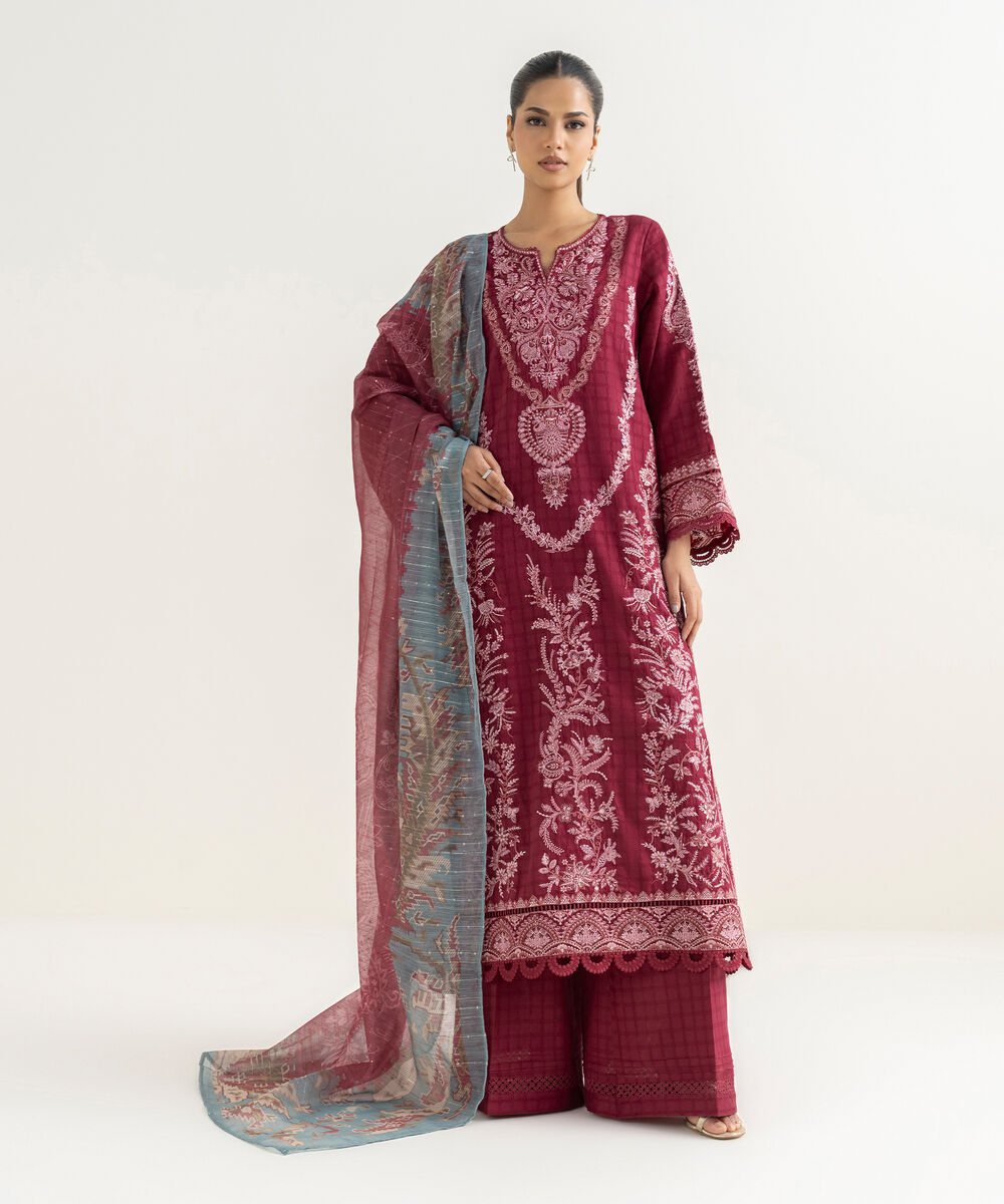 Women's RTW Textured Cotton Red Embroidered A-Line Shirt