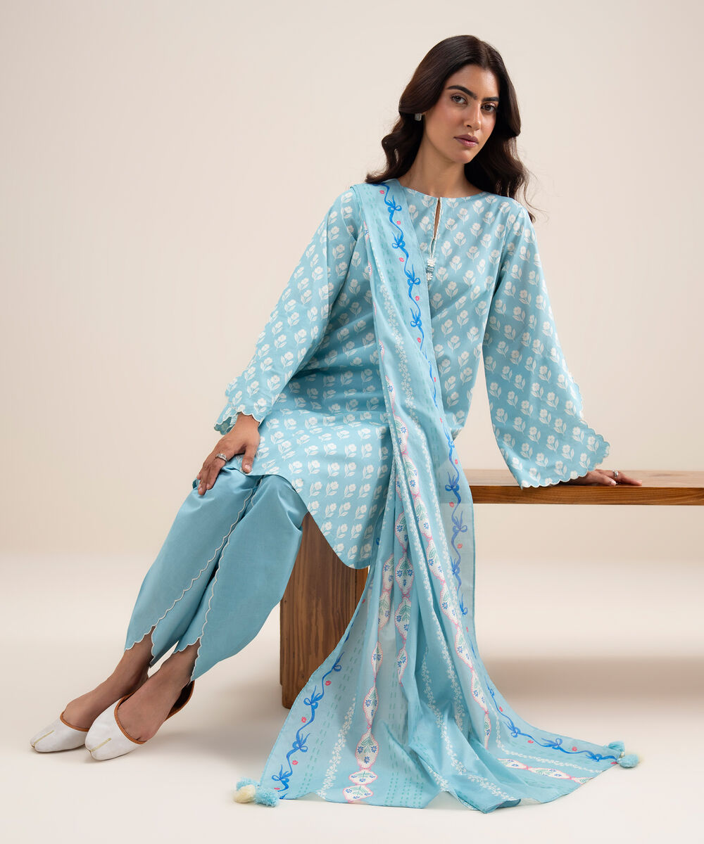 Women's Unstitched Lawn Printed Ice Blue 3 Piece Suit