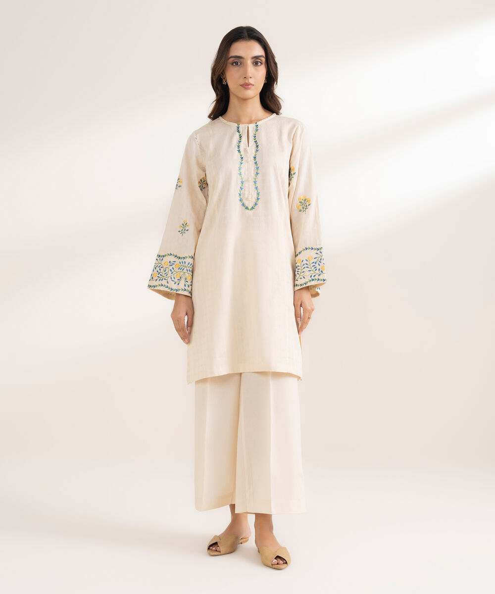 Women's RTW Textured Cotton Embroidered Straight Off White Shirt