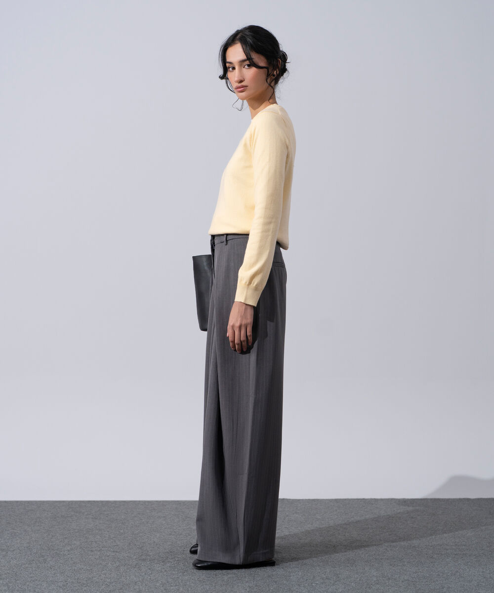 Women's Western Wear Grey Polyester Pleated Wide Leg Trousers