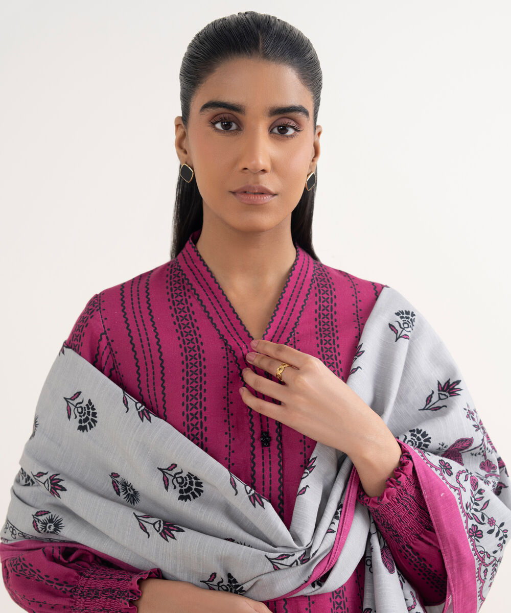 Women's Unstitched Lawn Printed Pink 3 Piece Suit