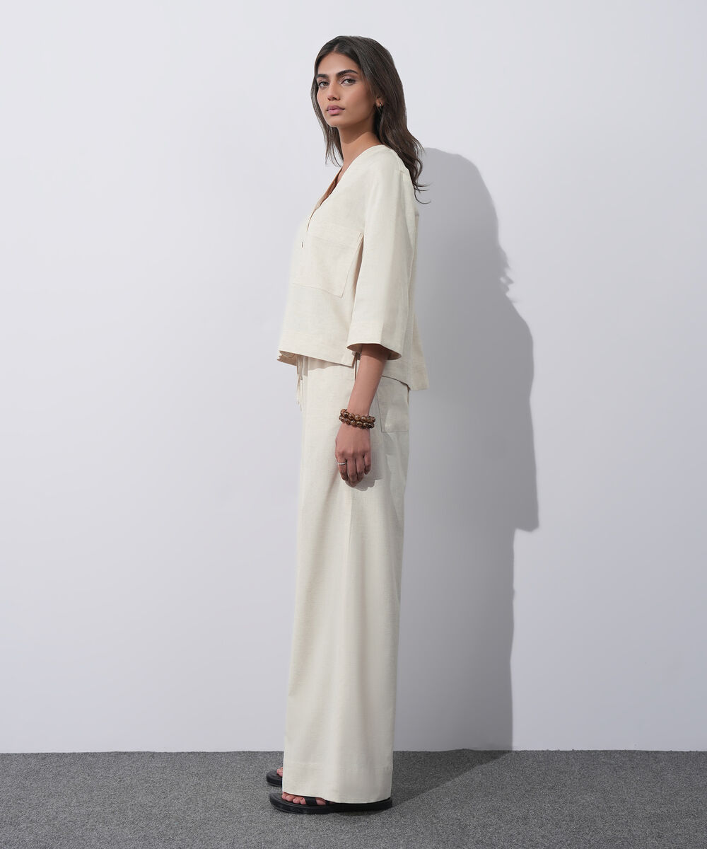 Women's Western Wear Beige V-Neck Linen Blend Shirt