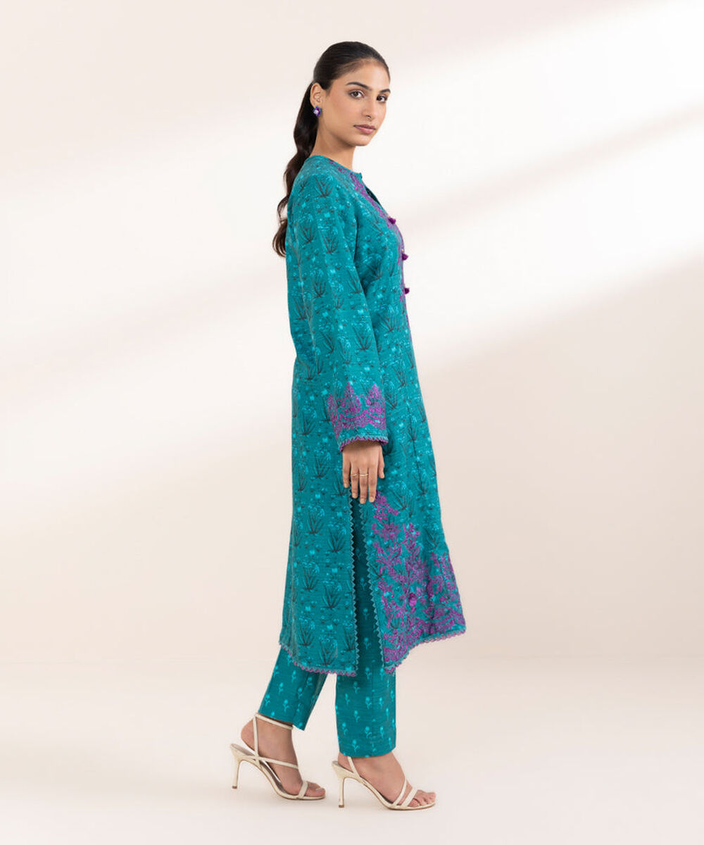 Women's Pret Printed Embroidered Teal Khaddar A Line Shirt