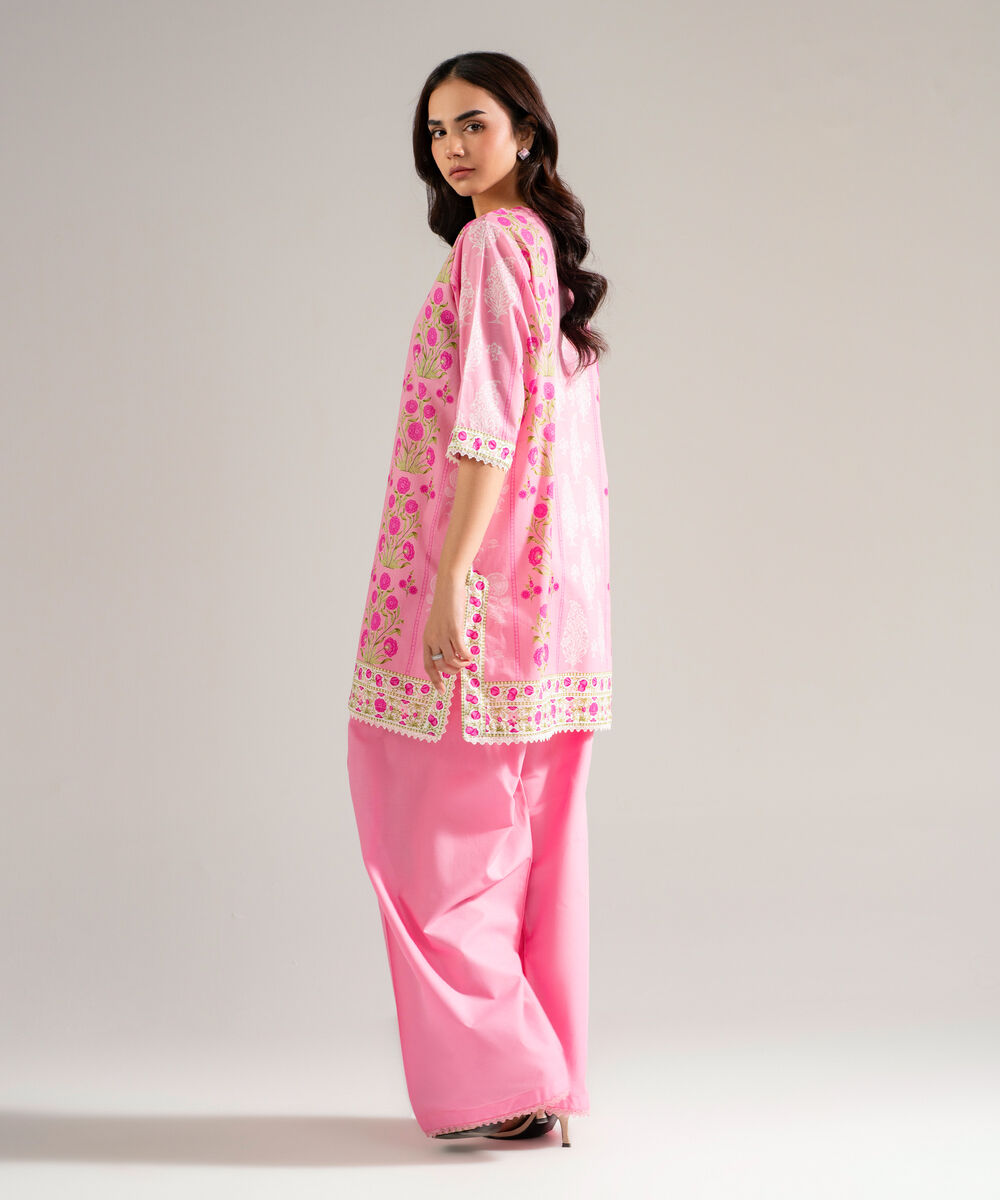 Women's RTW Slub Lawn Printed Pink Straight Shirt