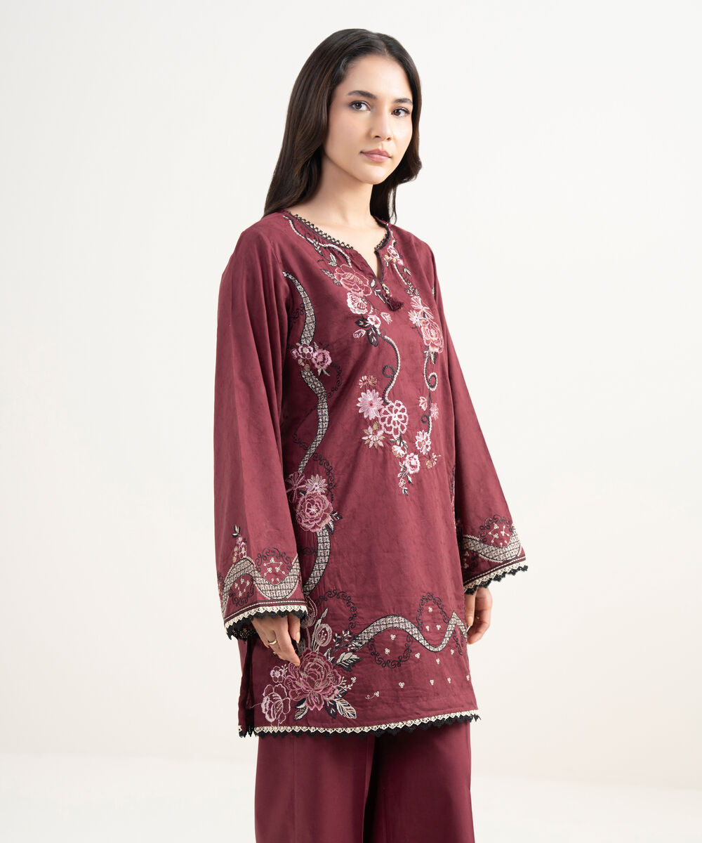 Women's RTW Self Jacquard Embroidered Red Straight Shirt
