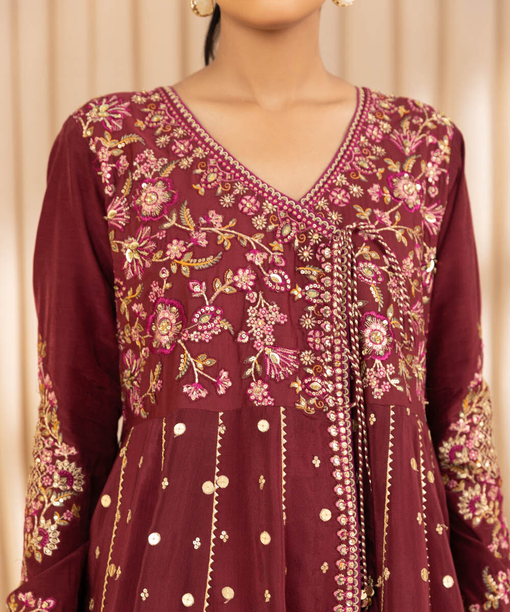 Unstitched Women's Red Viscose Raw Silk 3 Piece Suit