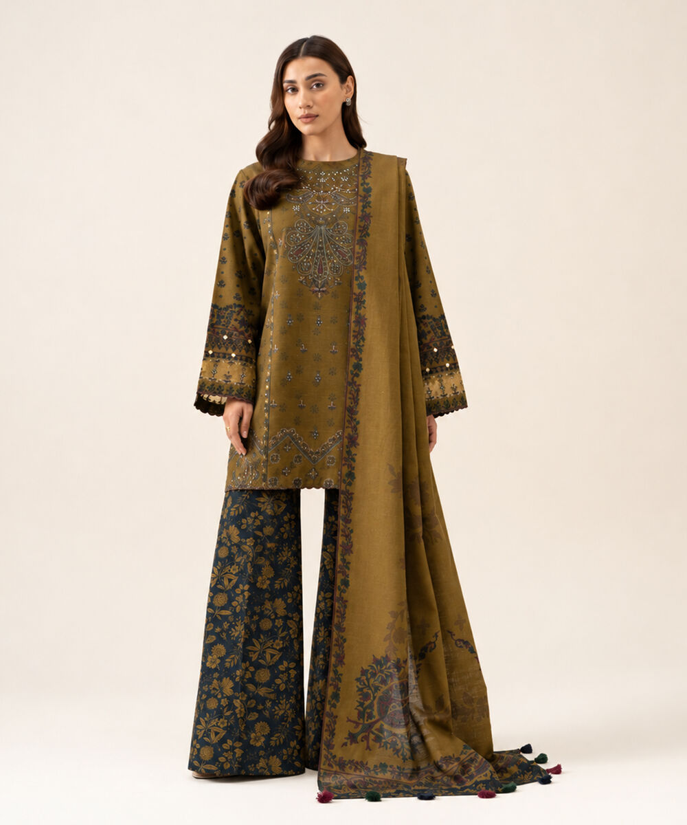 Women's Unstitched Light Khaddar Embroidered Dark Olive Green 3 Piece Suit
