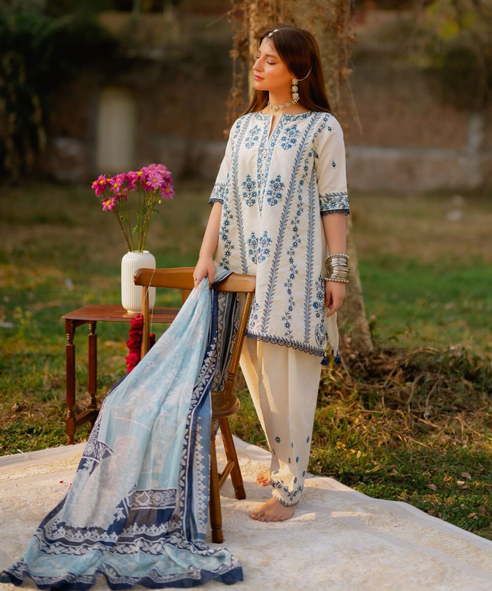 Women's RTW Zari Cotton Embroidered Blue 3 Piece Suit