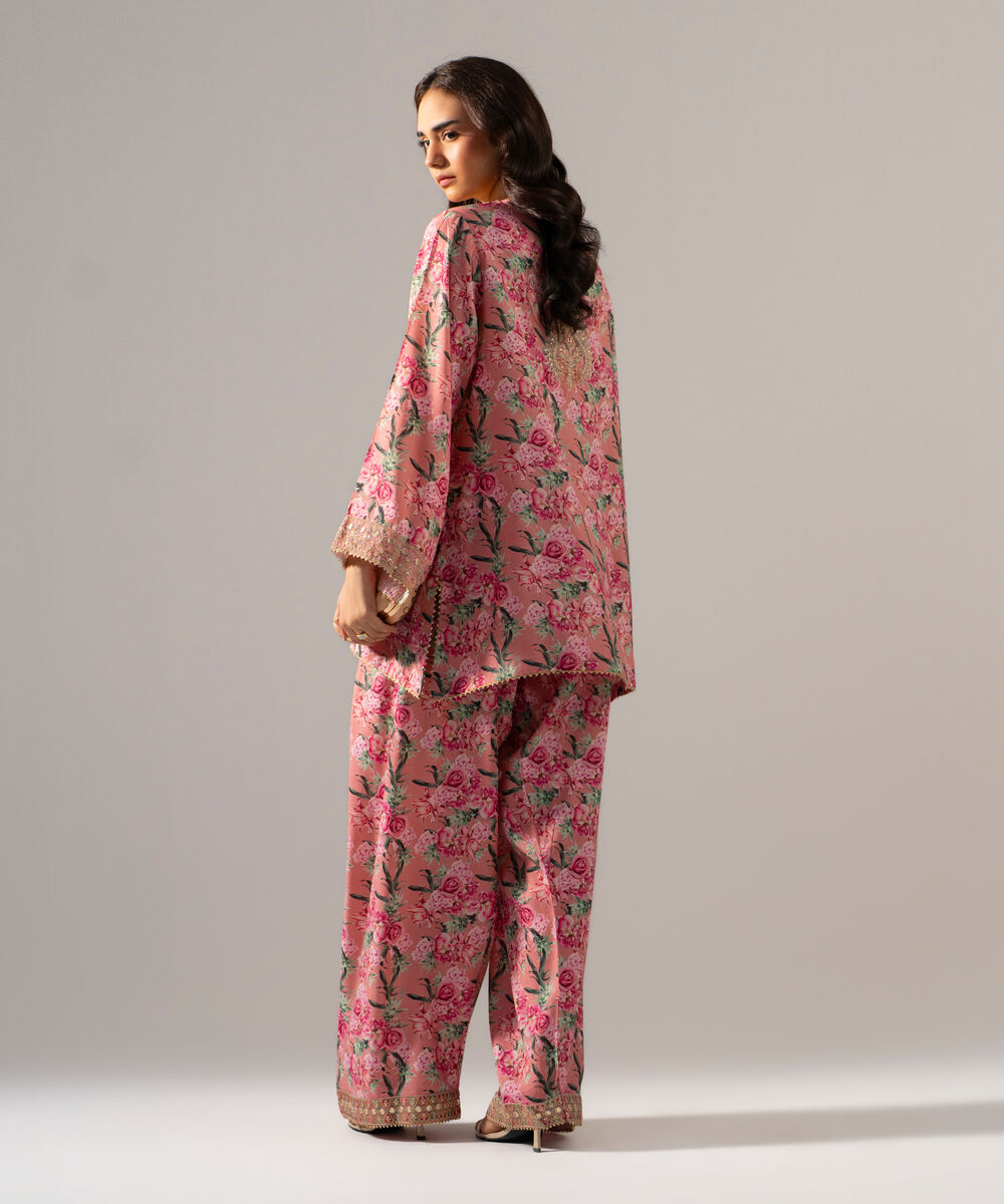 Women's RTW PK Raw Silk Printed Embroidered Pink 2 Piece Suit