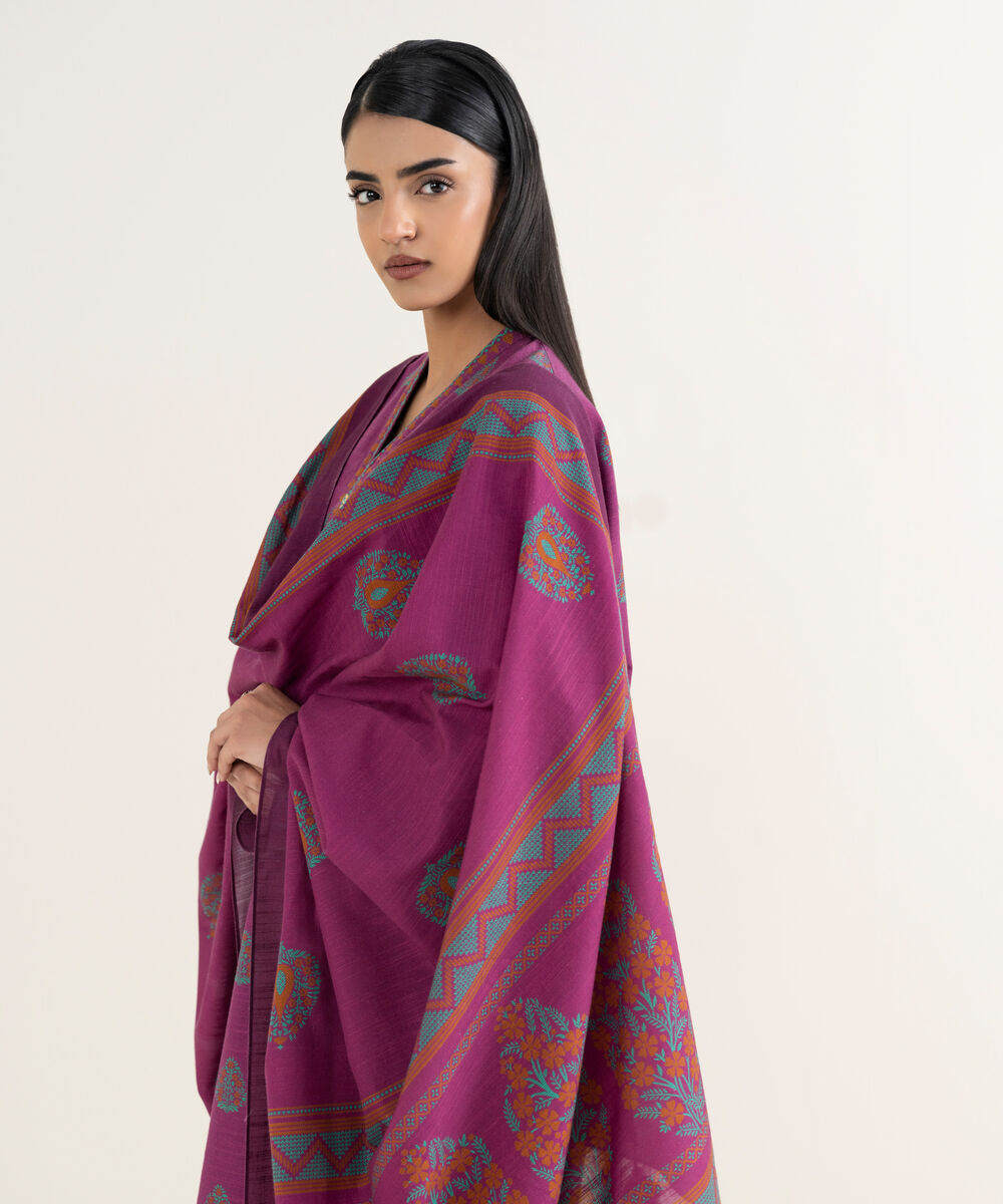 Women's Unstitched Printed Cotton Magenta 3 Piece Suit