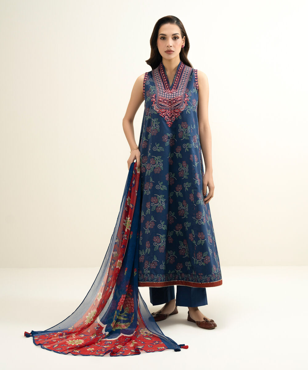 Women's Unstitched Lawn Embroidered Blue 3 Piece Suit