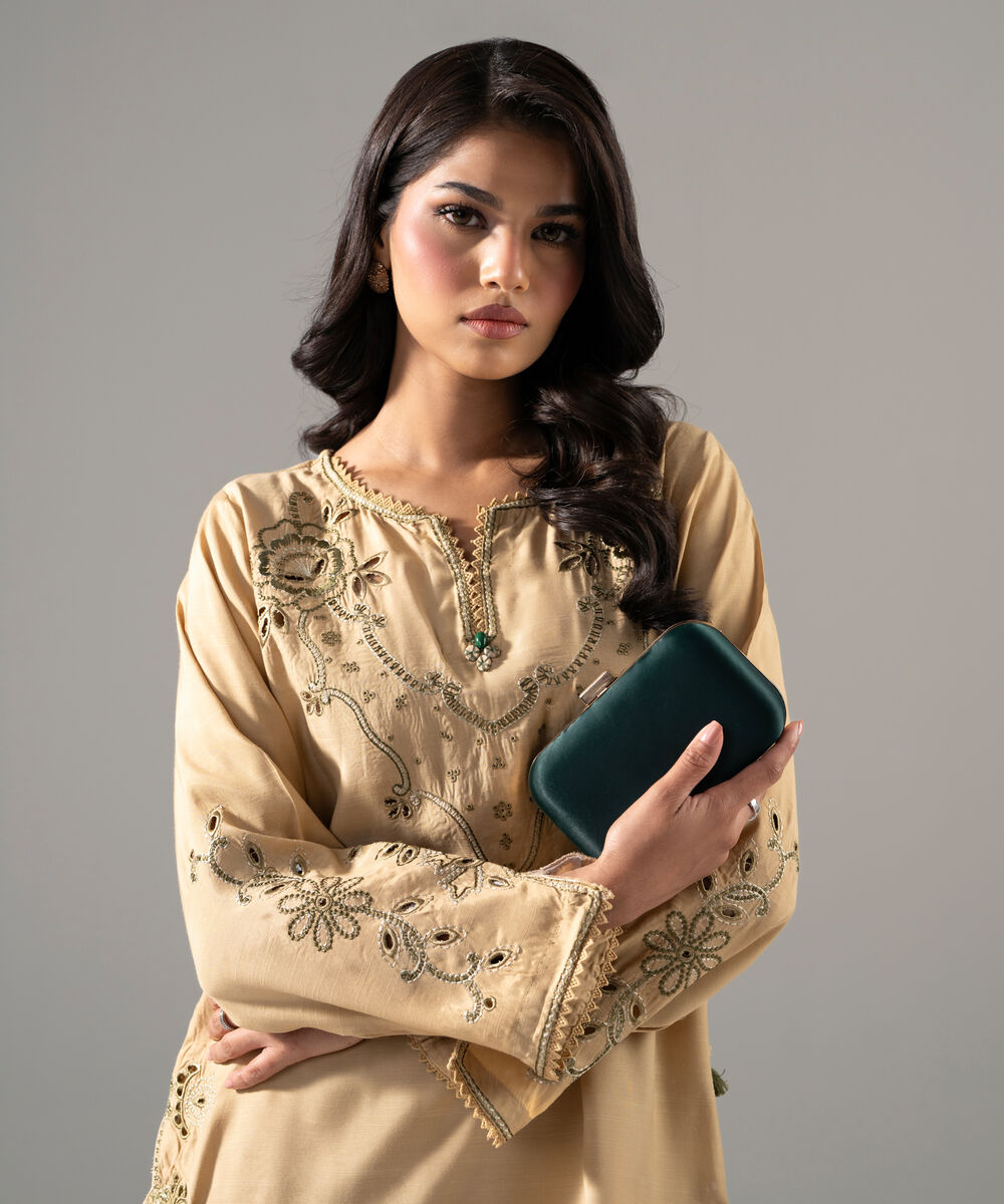 Women's RTW Raw Silk Solid Embroidered Beige 2 Piece Suit
