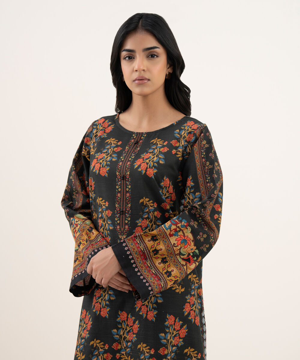 Women's RTW Light Khaddar Embroidered A-Line Black Shirt