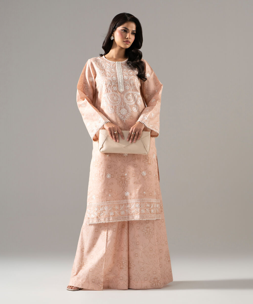 Women's RTW Fancy Cotton Printed Embroidered Pink 2 Piece Suit