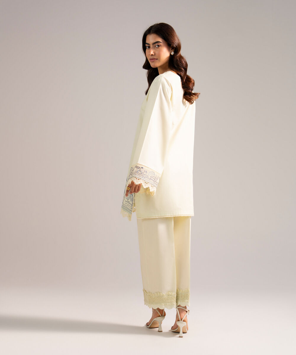 Women's RTW Cotton Viscose Embroidered Off White Straight Shirt