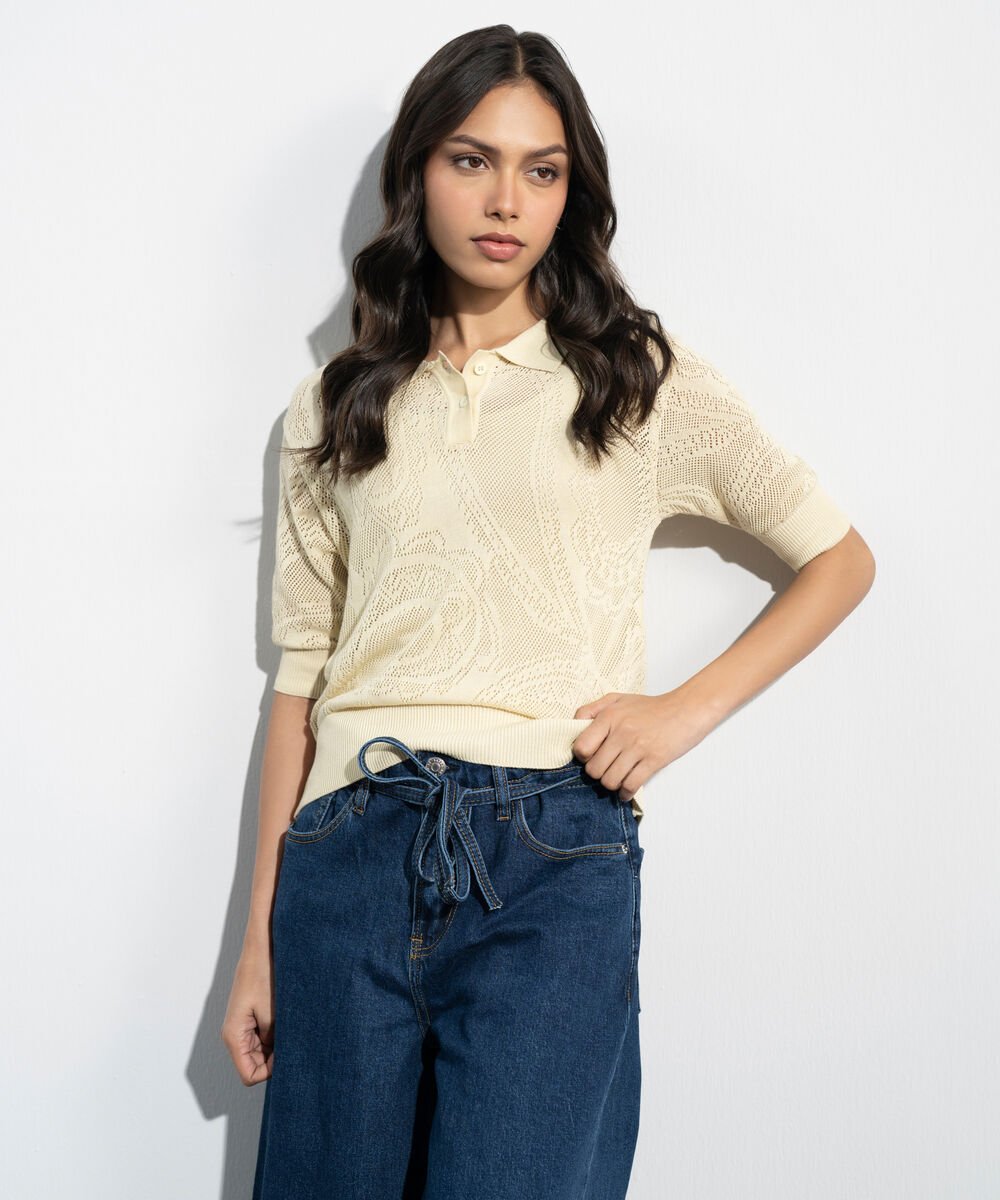 Women's Western Yellow Pointelle Summer Knit Polo Top