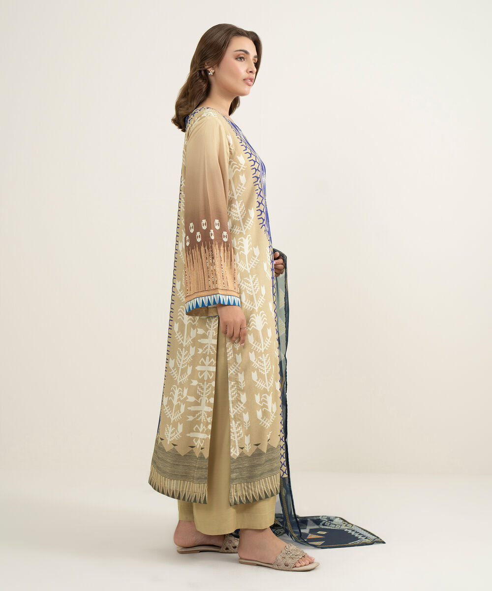 Women's RTW Viscose Raw Silk Printed Beige 3 Piece Suit