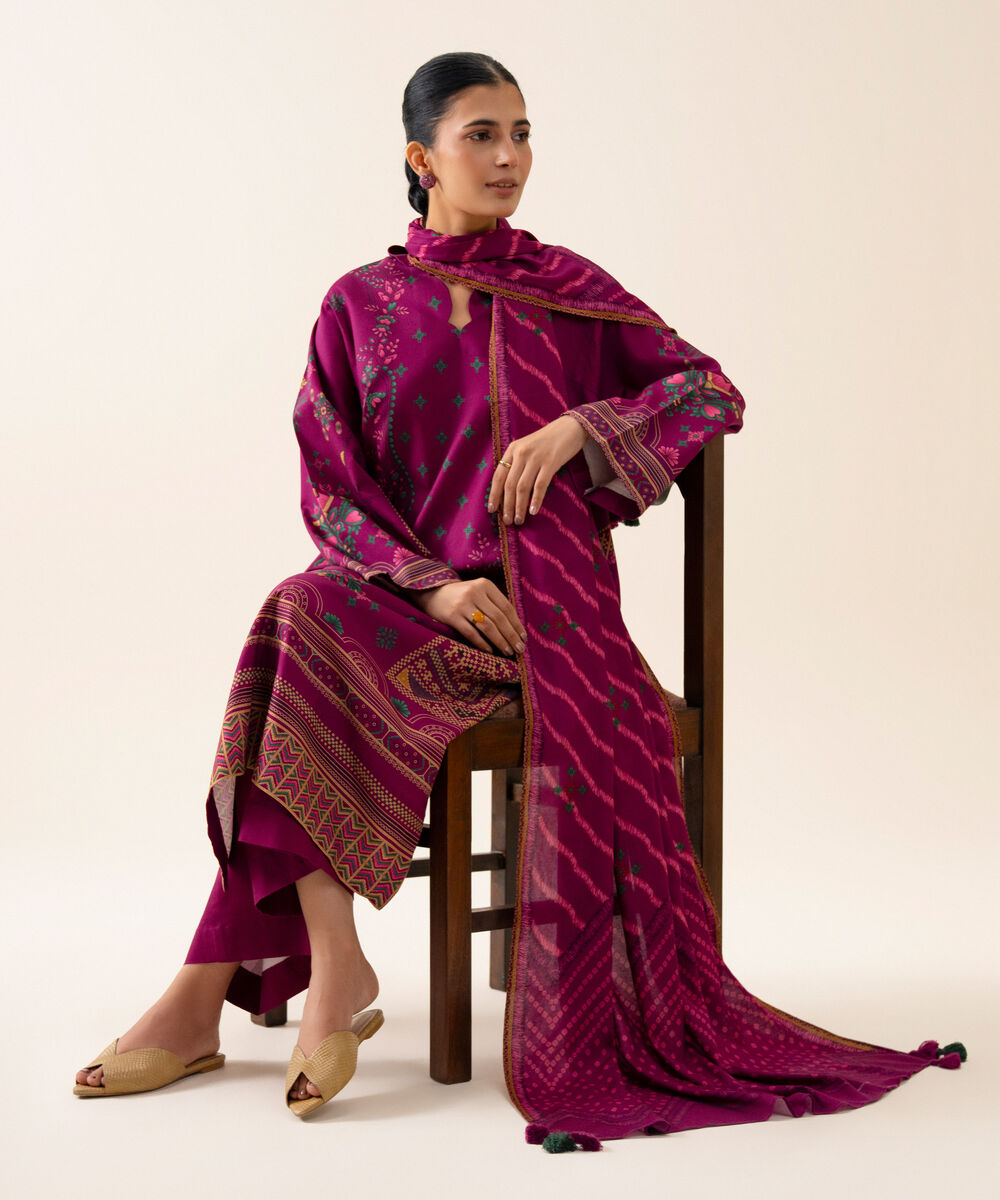 Women's Unstitched Viscose Linen Printed Magenta 3 Piece Suit