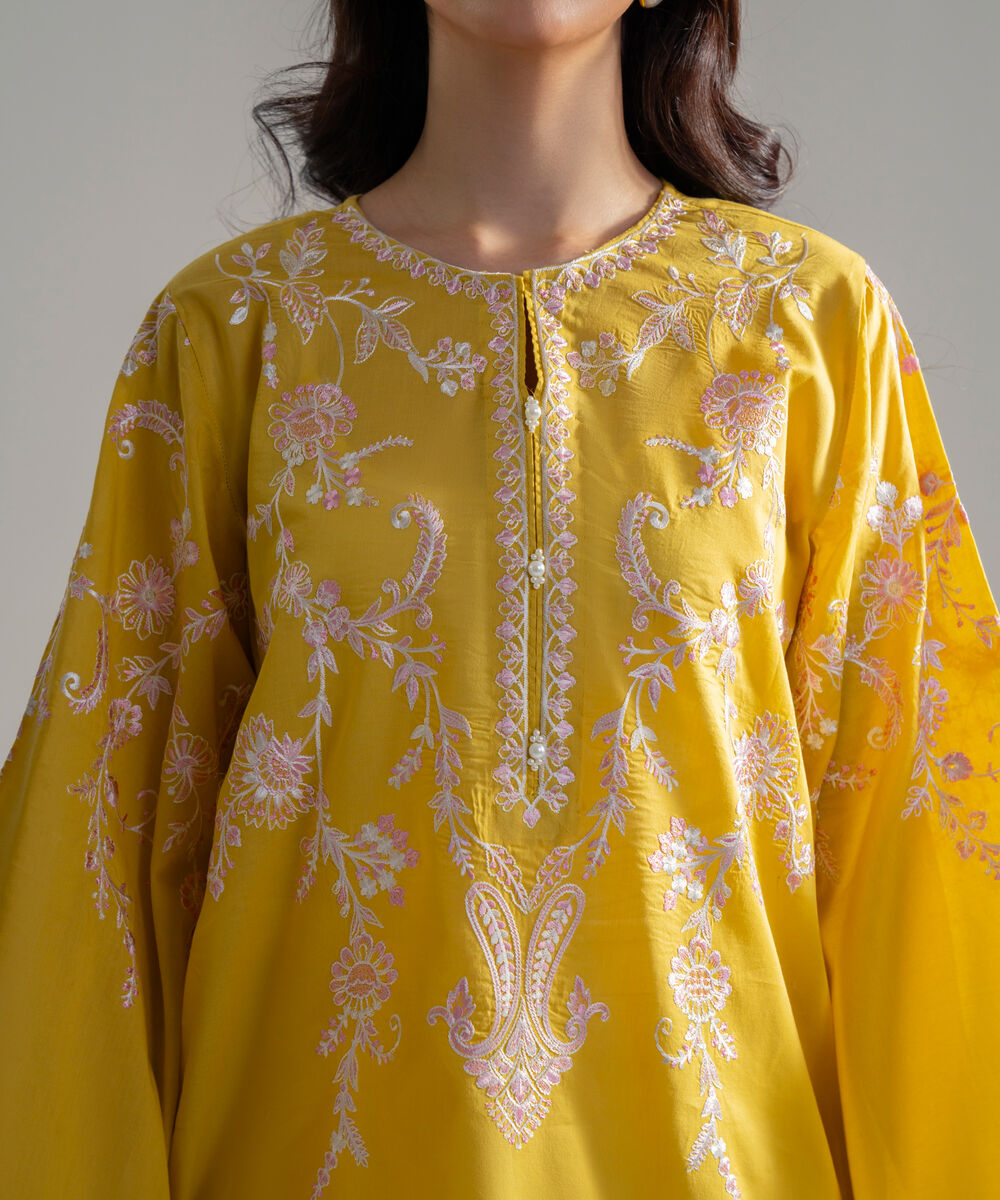 Women's RTW Lawn Solid Embroidered Yellow Straight Shirt